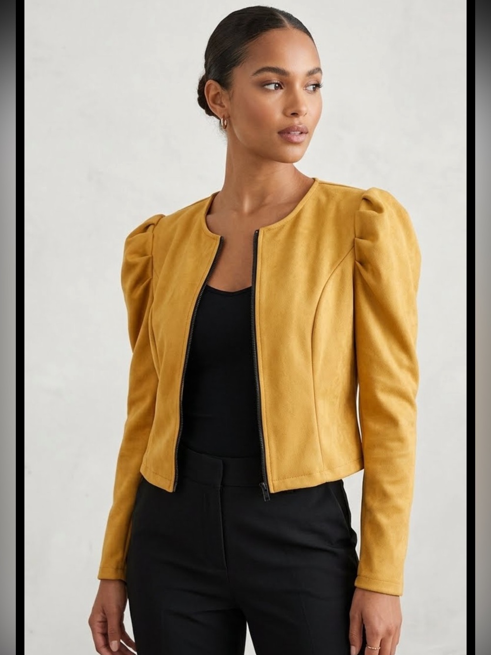 Tailored Mustard Puff-Sleeve Zip Blazer (cut small) pit to pit is 20